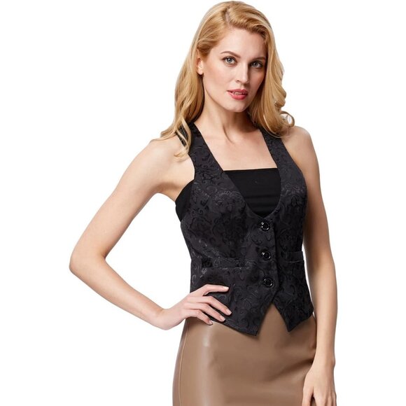 Womens Waistcoat Vest Vintage Steampunk Dress Racerback Jacquard Jacket - Picture 3 of 7